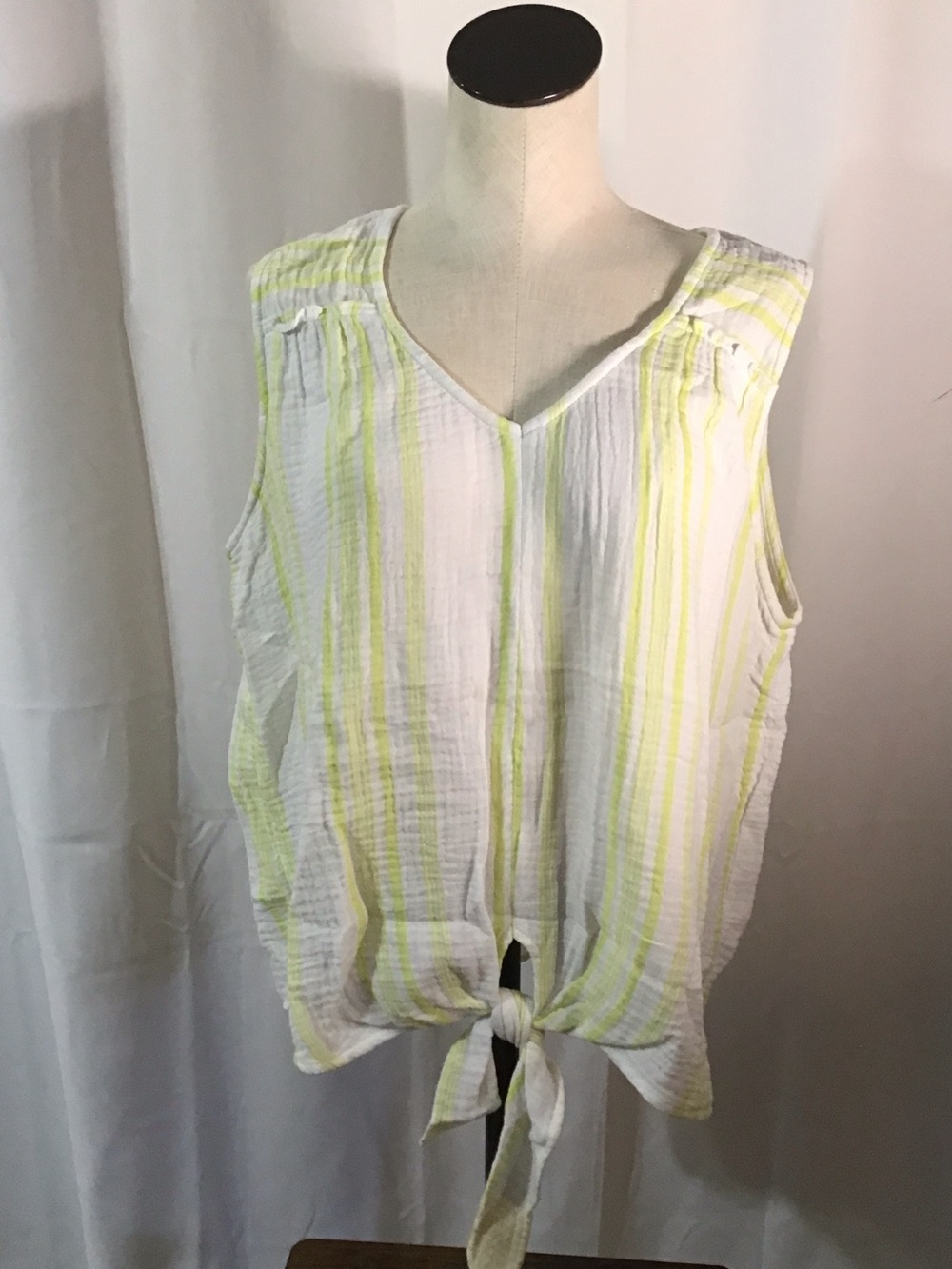 Tribal White & Yellow-Green Striped Tie-Front V-Neck Camisole